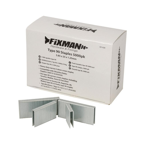 Agrafes Type 90 - Lot de 5000 pcs - 5,8 x 25 x 1,25 mm, Idéal pour Bricolage - Fixman