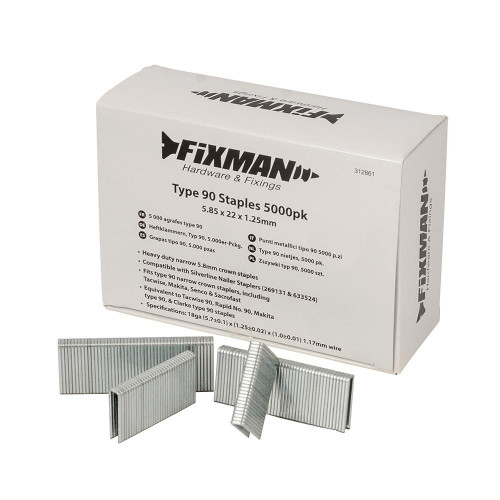 Agrafes Type 90 - Lot de 5000 pcs - 5,8 x 22 x 1,25 mm, Idéal pour Bricolage - Fixman