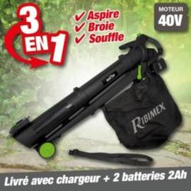 Aspirateur/Souffleur/Broyeur 40V - 2 Batteries 20V 2A et Chargeur Inclus - Polyvalent et Efficace - RIBIMEX