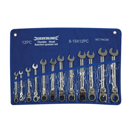 Clés Mixtes à Cliquet et à Tête Inclinable - 12 pcs 8 - 19 mm - Outils Pratiques et Polyvalents - Silverline