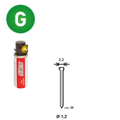 Pack de 2000 Pointes Galvanisées D.1,2/2,2 x L.20 mm – 2 Cartouches de Gaz Jaune GAZ0020 – Fixation Efficace et Durabl - ALSAFIX