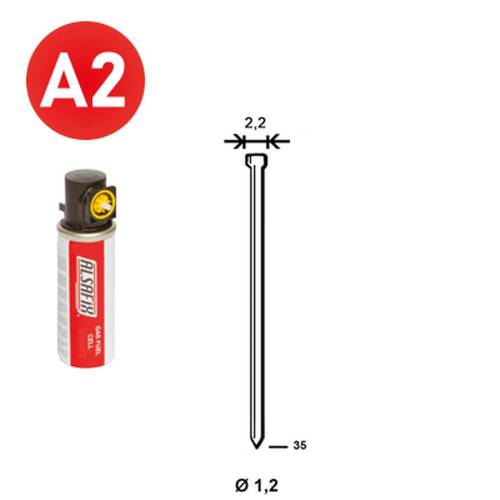 2 000 Pointes Brads Inox en Bande (Pack) - 1.2/2.2x35 mm + 2 Cartouches de Gaz Jaune - D-Work