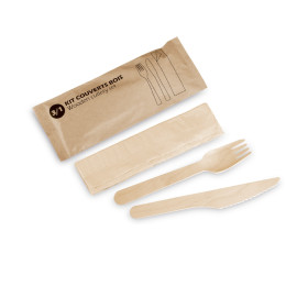 Lot de 100 Couverts Bois 3 Pièces - Fourchette Couteau Serviette - Bois de Bouleau FSC100 Contact Alimentaire - D-Work