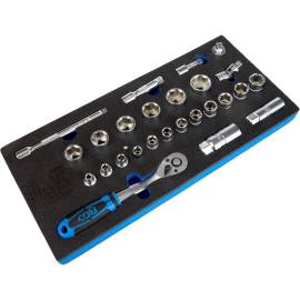 Insert de Servante d Atelier 1/3 - Jeu de 26 Douilles 10 mm (3/8) - Résistant et Pratique, Acier - D-Work