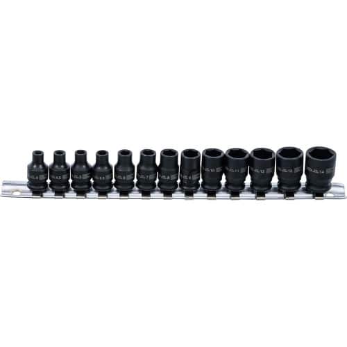 Jeu de Douilles à Choc Six Pans 4-14 mm - 13 pcs, 6,3 mm (1/4) - Résistance et Polyvalence, Acier - D-Work