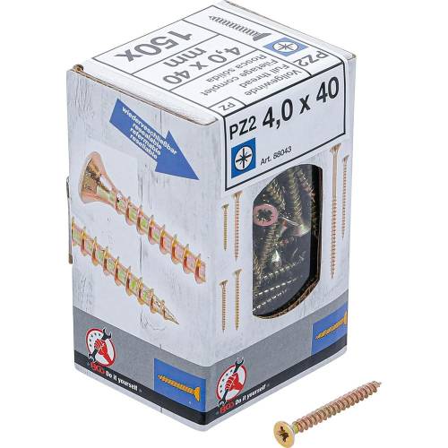 Vis Multifonctions Cruciforme PZ2 4 x 40 mm - Lot de 150 pcs - Acier, Résistantes et Polyvalentes - D-Work