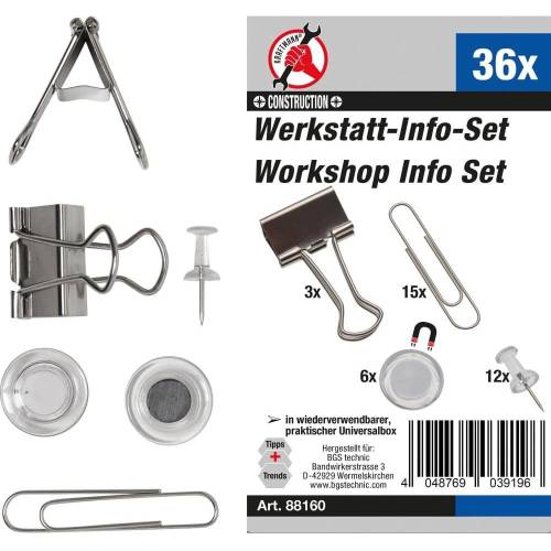 Assortiment Matériel de Bureau 36 Pièces - Agrafes, Aimants, Aiguilles - Pratique et Complet pour Bureau - BGS