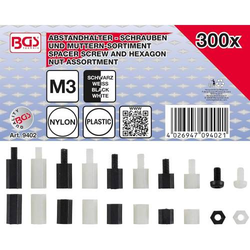 Assortiment de Vis de Séparation et Écrous Hexagonaux Nylon - 300 pcs - Résistants et Légers - - BGS
