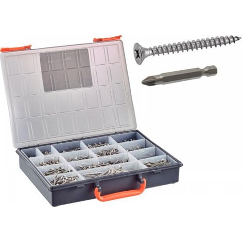 Coffret 1664 Pcs Vis Bois Aggloméré Tête Fraisée Pozidriv + Embouts - Inox A4 - D-Work