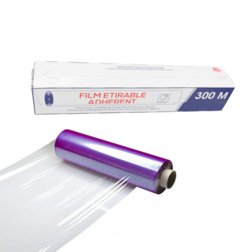 Rotolo di film estensibile trasparente per alimenti da 45 cm x 300 m con scatola dispenser D-Work