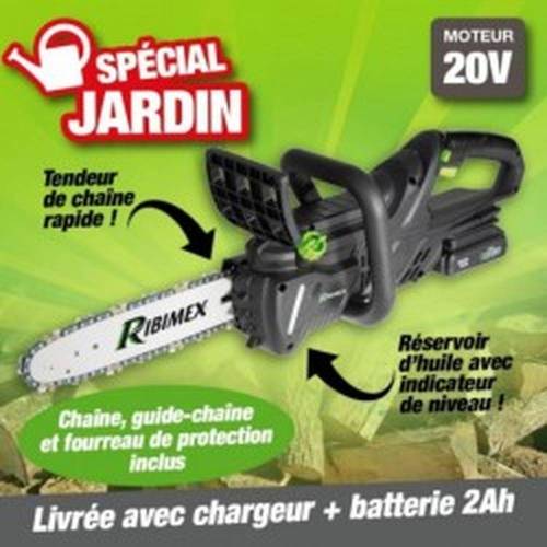 Tronçonneuse R-BAT20 350 mm – 20V avec Batterie 2 Amp et Chargeur – Performance et Précision – RIBIMEX - RIBIMEX