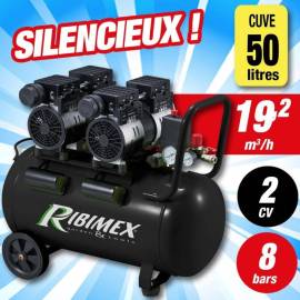 Compresseur Électrique 2 x 1CV 50L – Silencieux, Haute Performance – Idéal pour Travaux de Bricolage - RIBIMEX