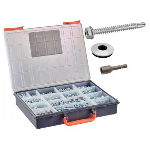 Coffret 1900 Pcs Vis Autoperceuses Tête Hexagonale + Rondelles EPDM + Embouts - Acier Zn - D-Work