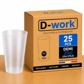 Lot de Verres Gobelets 33 cl (25 utile), Réutilisable et Recyclable en Polypropylène sans BPA - Translucide - D-Work