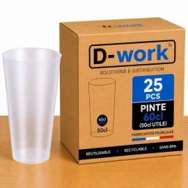 Lot de Verres Gobelets 33 cl (25 utile), Réutilisable et Recyclable en Polypropylène sans BPA - Translucide - D-Work
