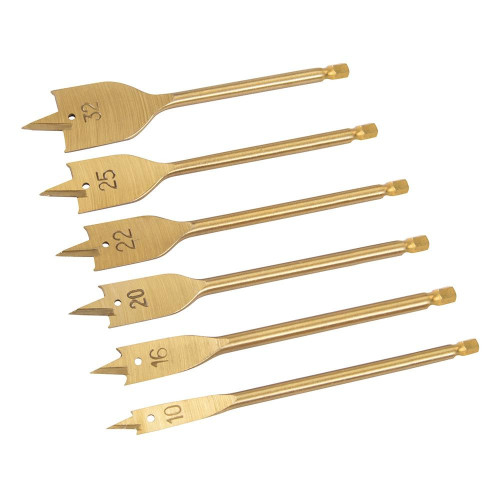 Mèches à Bois Plates Titanées - Lot de 6, Diamètres 10 à 32 mm - Précision et Durabilité - Silverline
